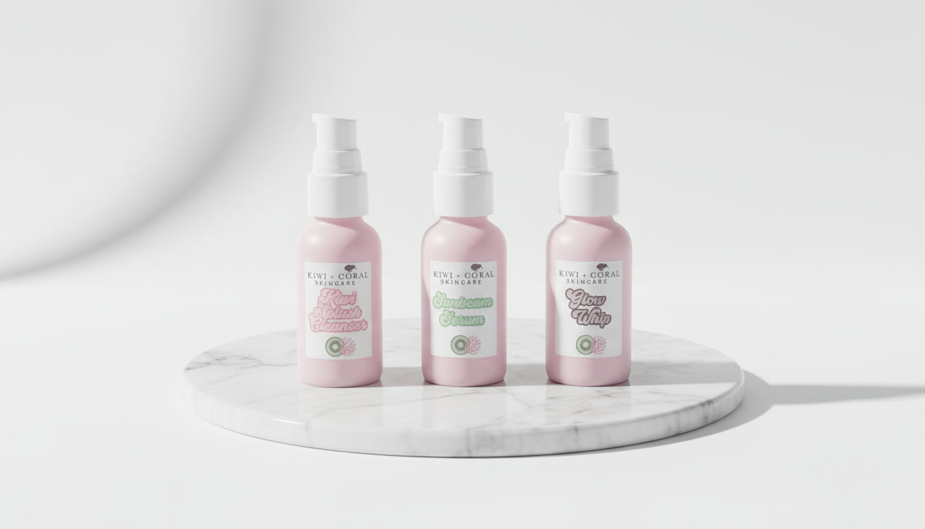 Kiwi and Coral Skincare three-piece set — Kiwi Splash Cleanser, Sunbeam Serum, and Glow Whip Moisturizer in pink glass bottles with white pumps, displayed on a clean white background. Highlights: gentle, vegan teen skincare routine designed to cleanse, balance, and hydrate for healthy, glowing skin.