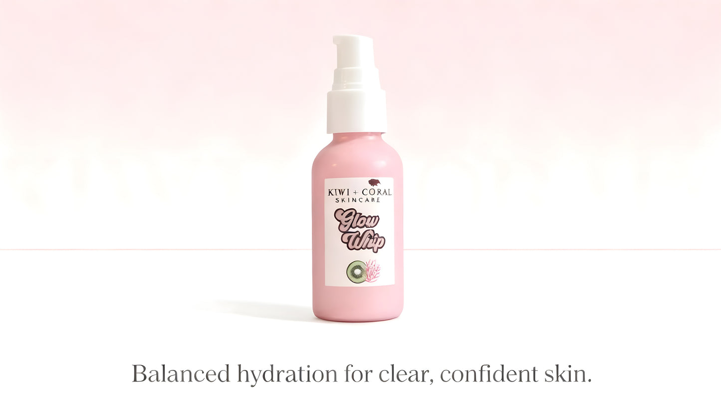 Kiwi and Coral Glow Whip Moisturizer bottle displayed on a platform with text reading “Balanced Hydration for Clear, Confident Skin.” Highlights: lightweight, hydrating face cream with hyaluronic acid, oat protein, and squalane designed to nourish, balance, and soften teen and adult skin for a healthy, natural glow