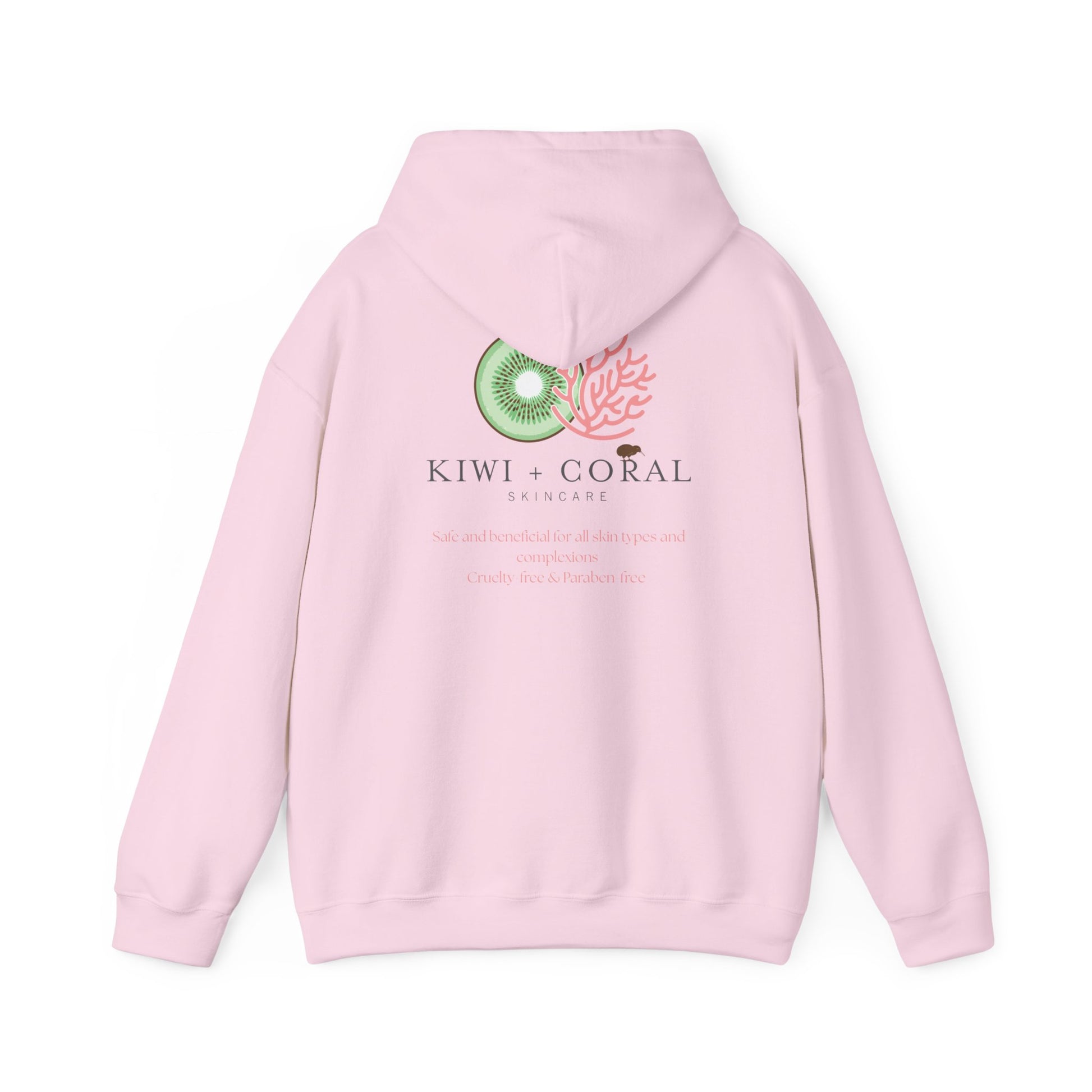 Pink hoodie with 'Kiwi + Coral Skincare' logo on a white background