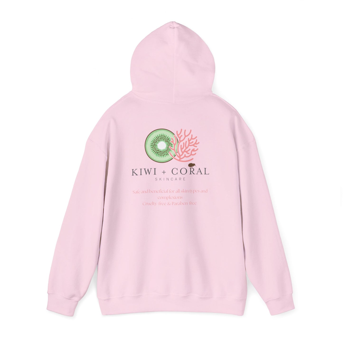 Pink hoodie with a logo and text on the back against a white background