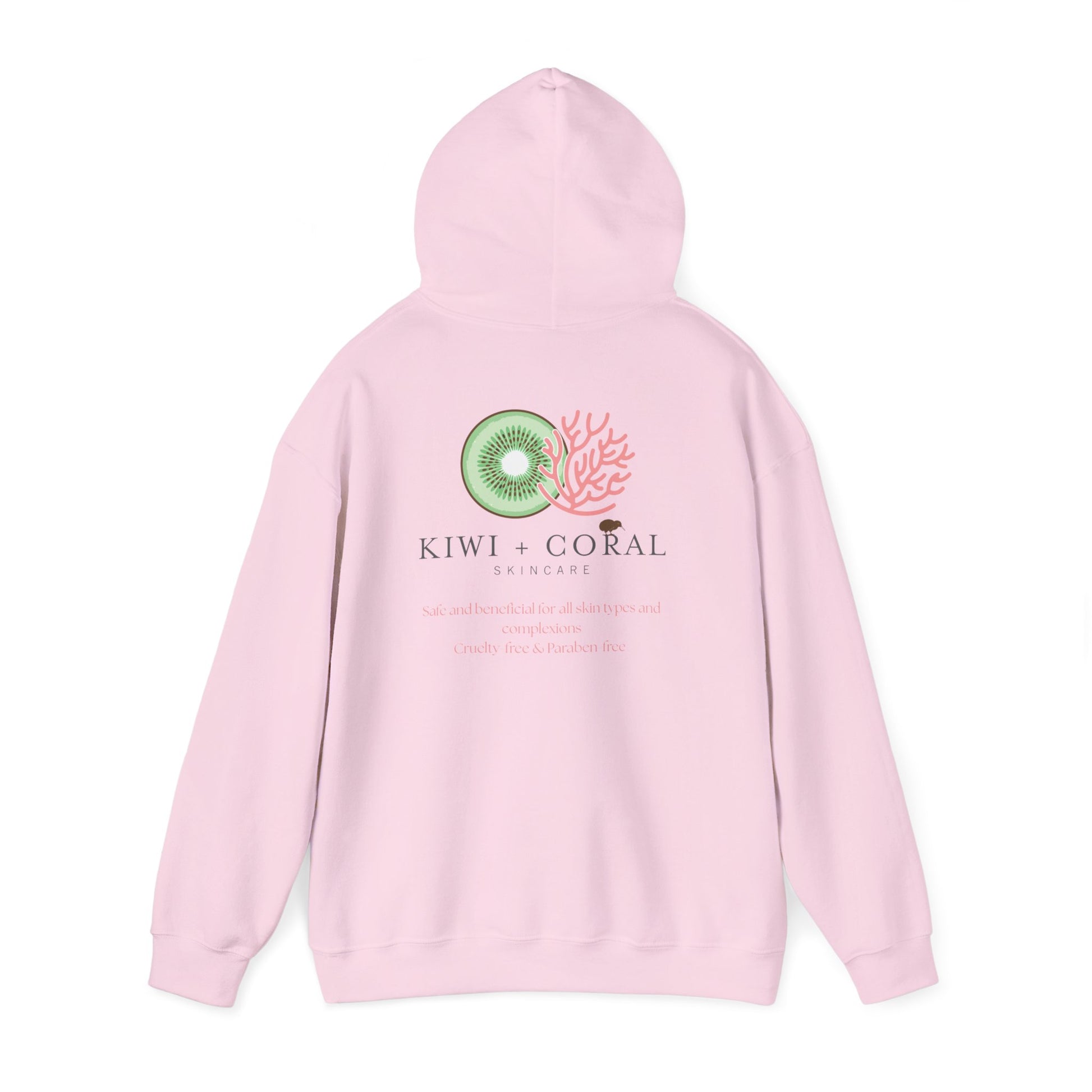 Pink hoodie with a logo and text on the back against a white background