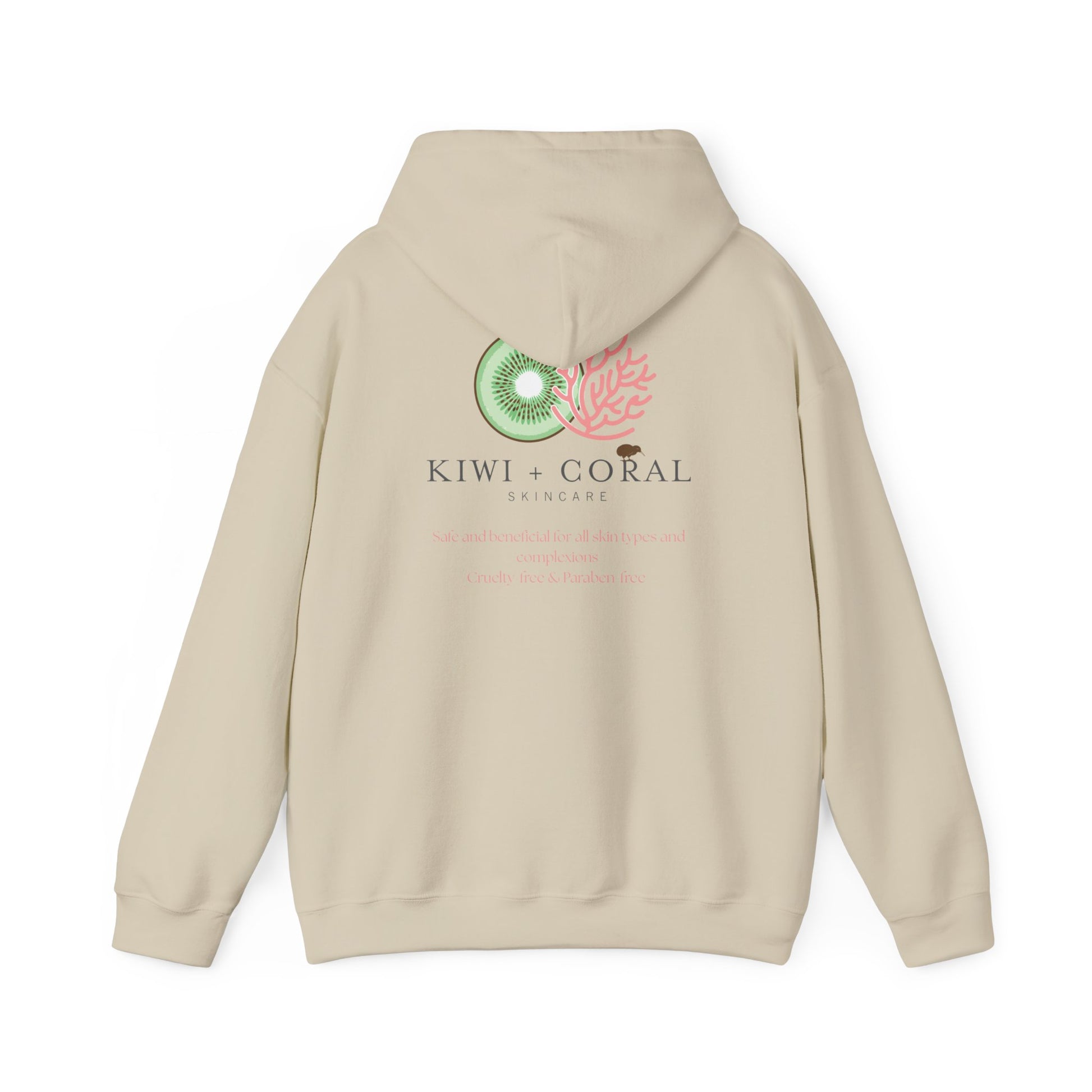 Back of Sand colored cotton polyester hoodie showing unisex fit