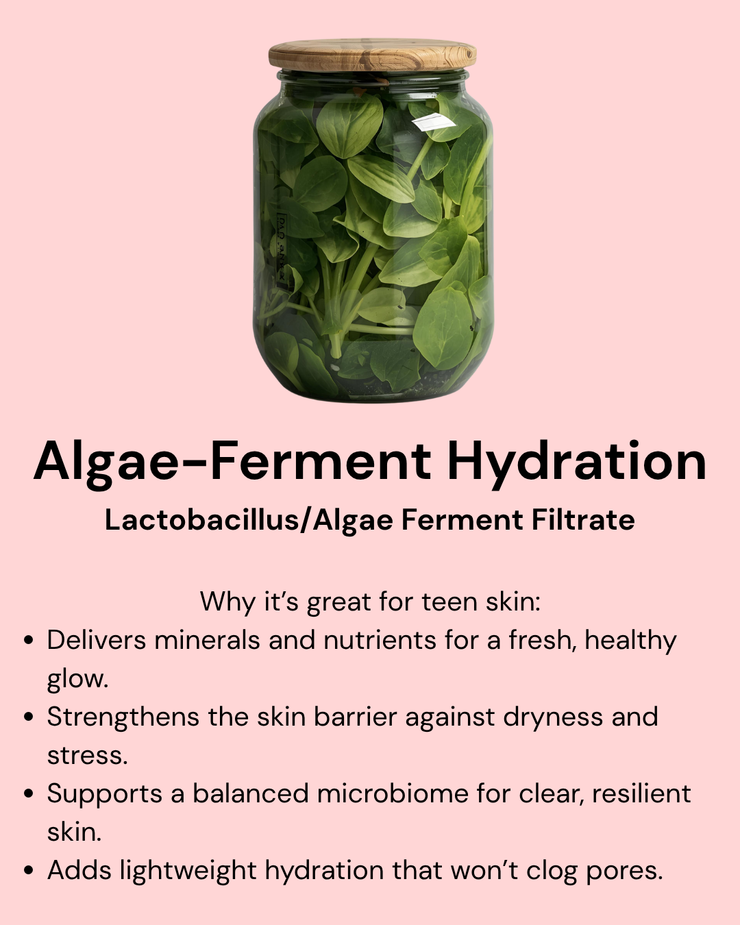 Pink background with a jar of algae ferment beside the cleanser bottle. Text reads “Algae-Ferment Hydration.” Highlights: formulated with Lactobacillus/Algae Ferment Filtrate to deliver minerals and nutrients for a healthy glow, strengthen the skin barrier, support a balanced microbiome for clear teen skin, and provide lightweight hydration that won’t clog pores.