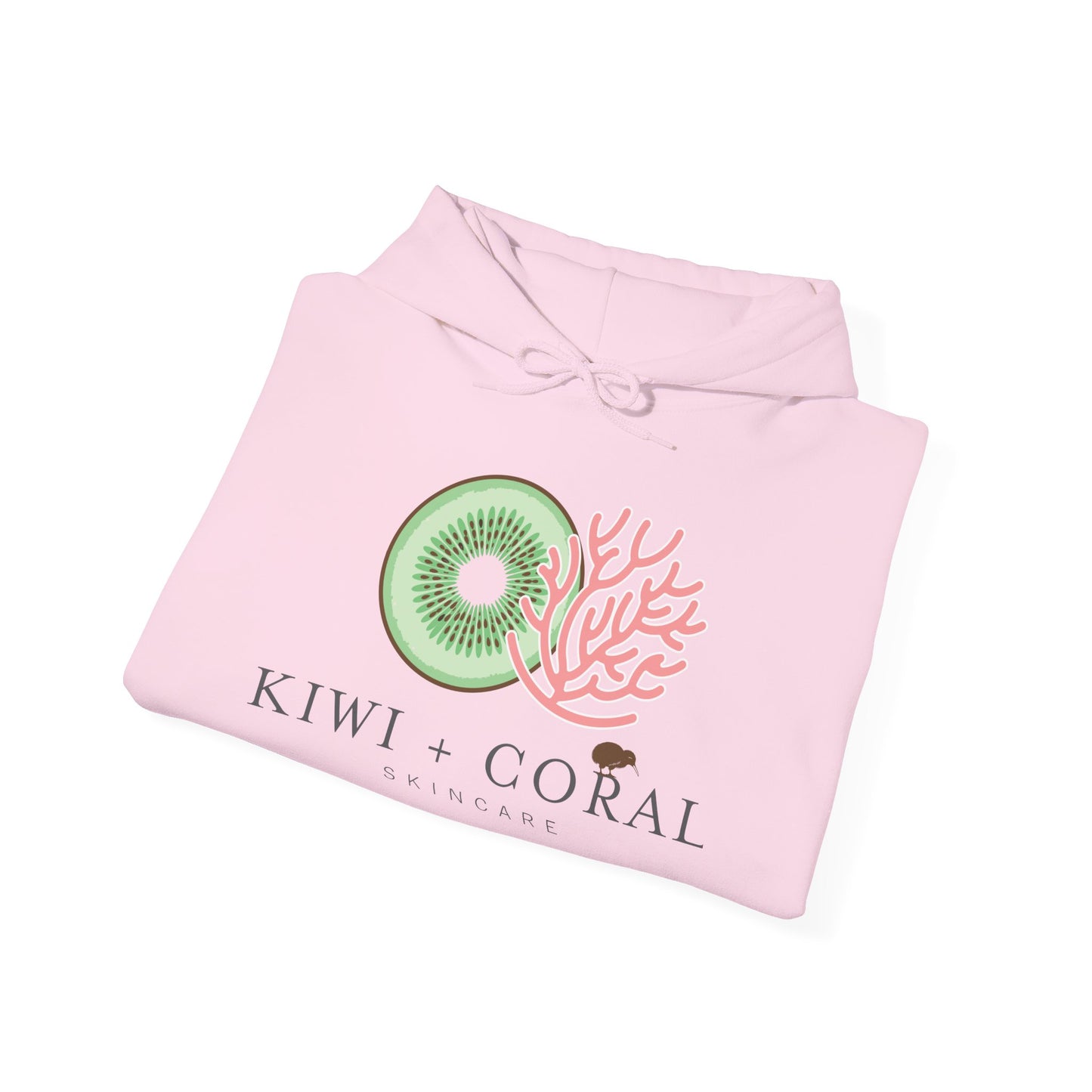 Close-up of pink double-lined hood with matching drawcord on heavy blend hoodie