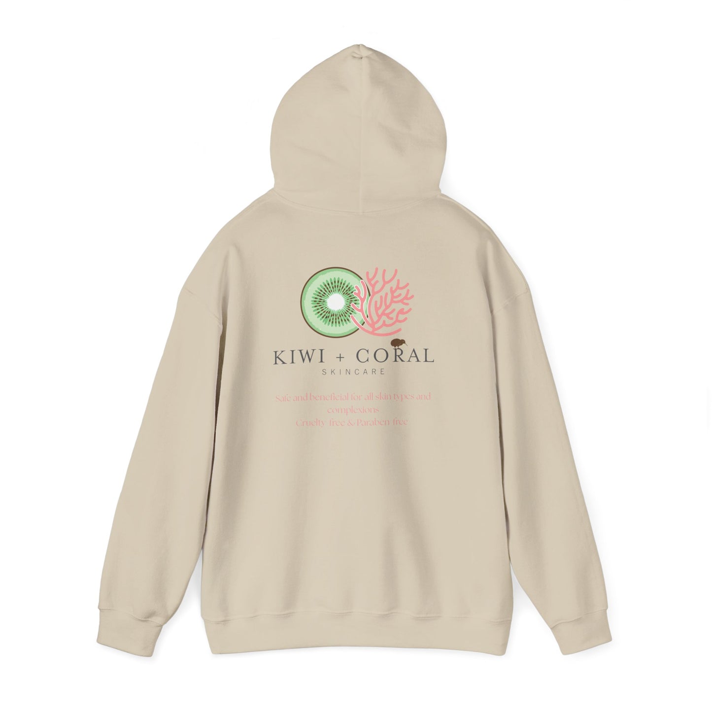 Sand colored cotton polyester hoodie showing unisex fit 