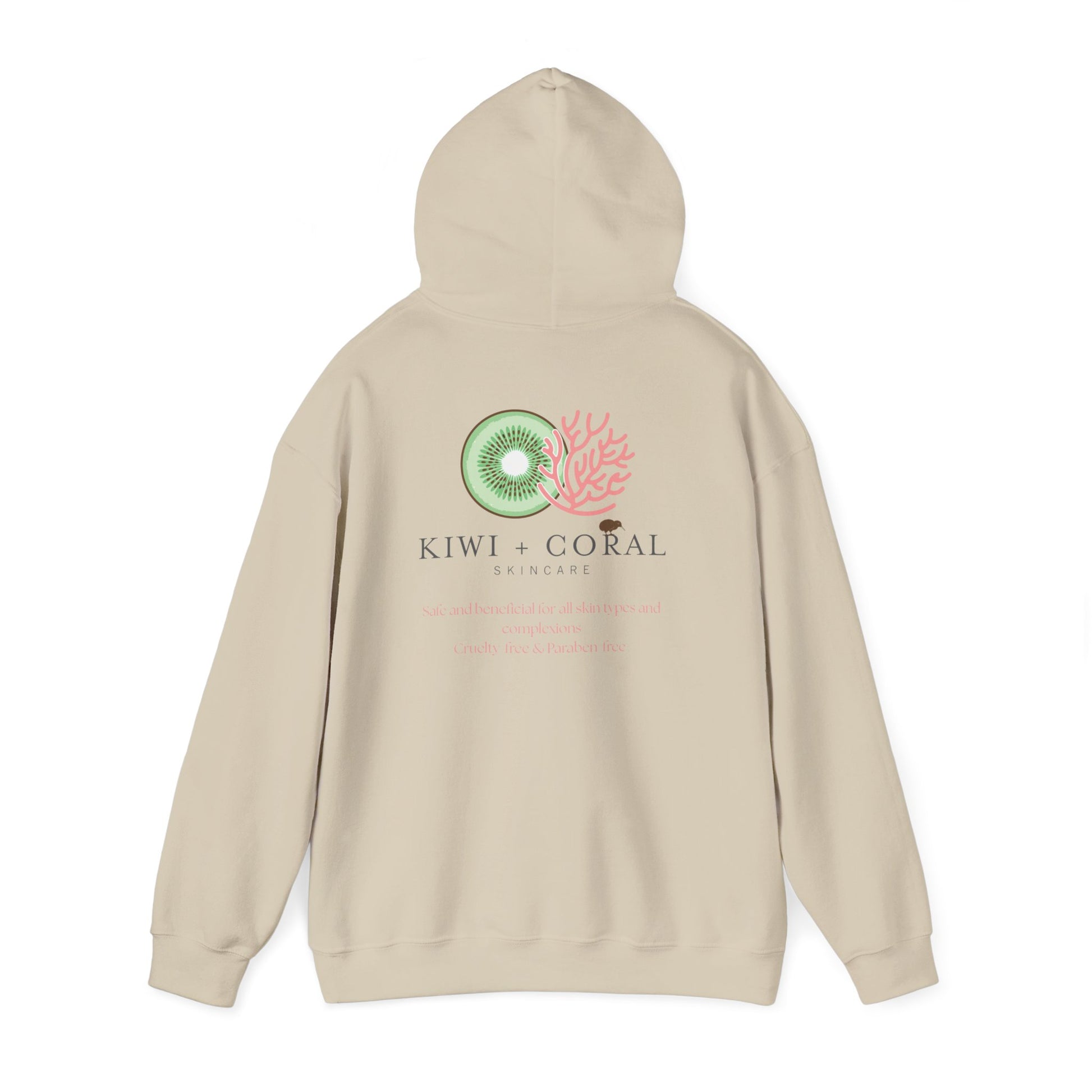 Sand colored cotton polyester hoodie showing unisex fit 
