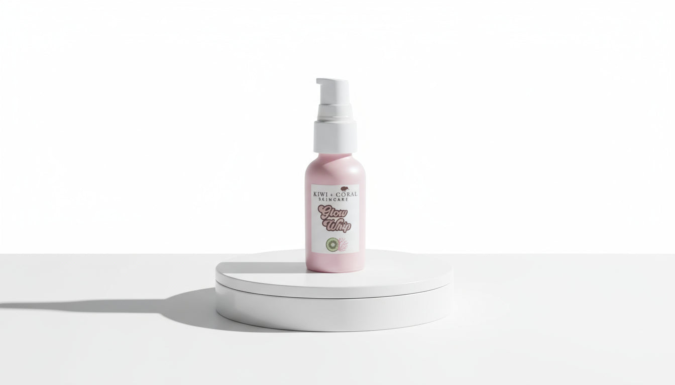 Kiwi and Coral Glow Whip Moisturizer bottle displayed on a platform with text reading “Balanced Hydration for Clear, Confident Skin.” Highlights: lightweight, hydrating face cream with hyaluronic acid, oat protein, and squalane designed to nourish, balance, and soften teen and adult skin for a healthy, natural glow