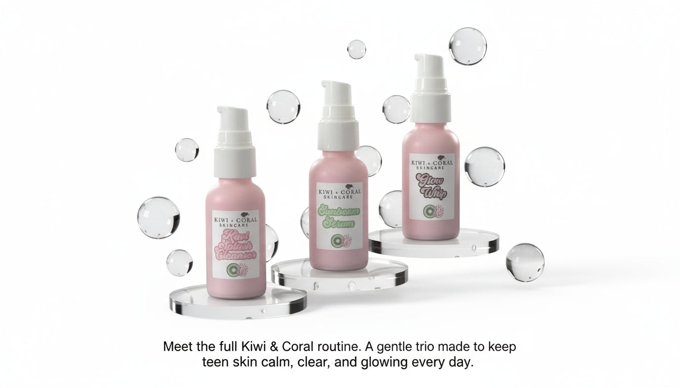 Kiwi and Coral Skincare Everyday Glow Trio — Kiwi Splash Cleanser, Sunbeam Serum, and Glow Whip Moisturizer in pink glass bottles with white pumps displayed on clear stands surrounded by water bubbles on a white background. Clean, vegan skincare for teens and sensitive skin to cleanse, hydrate, and glow every day.