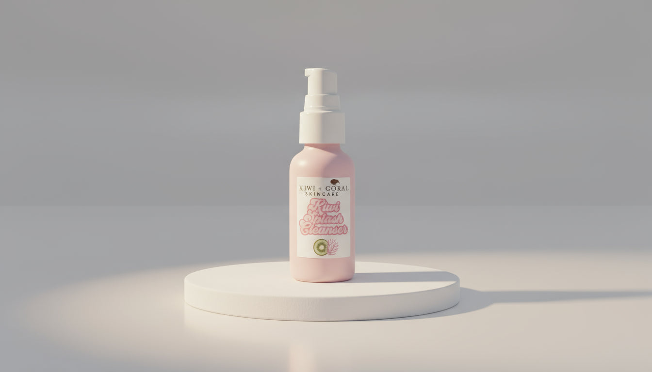 Kiwi and Coral Kiwi Splash Cleanser bottle displayed on a platform. Highlights: gentle cucumber and oat facial cleanser in a pink glass bottle with a white pump, designed to cleanse, soothe, and hydrate teen and adult skin for a fresh, balanced glow.