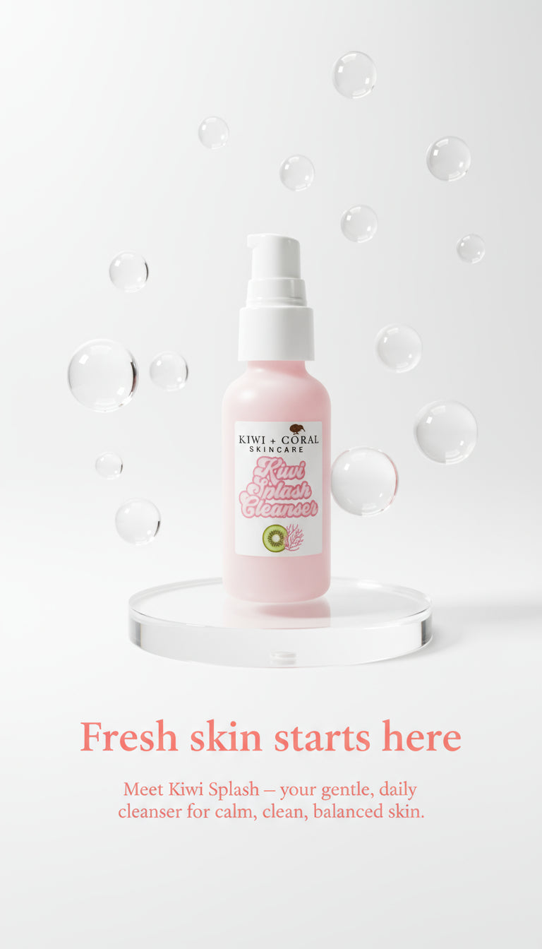 Pink glass bottle with a white pump labeled “Kiwi & Coral Skincare Sunbeam Serum” displayed on a clear platform with floating bubbles against a white background. Highlights: brightening, balancing facial serum in eco-friendly glass packaging, formulated with Bakuchiol, Vitamin C ferment, and Sea Buckthorn to smooth and nourish teen skin with lightweight hydration.