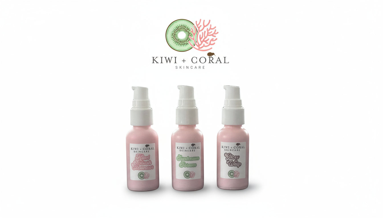 Kiwi and Coral Skincare three-piece set — Kiwi Splash Cleanser, Sunbeam Serum, and Glow Whip Moisturizer — pink glass bottles with white pumps displayed on a white background with the Kiwi and Coral logo. Highlights: clean, vegan teen skincare trio designed to cleanse, balance, and hydrate for soft, glowing, healthy skin.