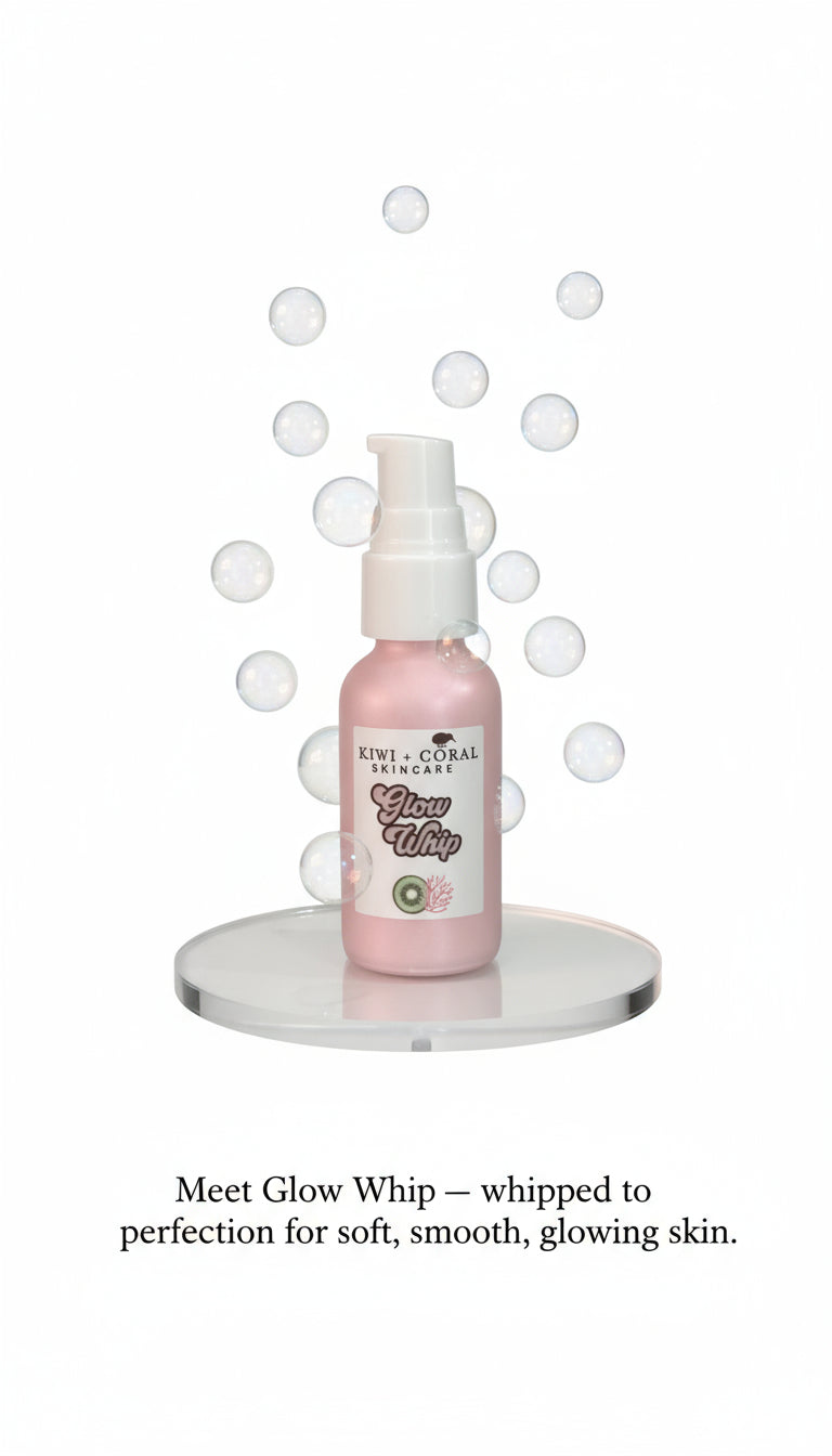 Kiwi and Coral Glow Whip Moisturizer pink glass bottle with white pump displayed on a clear platform with floating clear bubbles. Text reads “Meet Glow Whip — whipped to perfection for soft, smooth, glowing skin.” Highlights: lightweight, hydrating face cream formulated with hyaluronic acid, oat protein, and squalane to keep teen skin balanced, soft, and radiant.