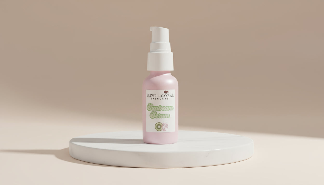 Pink glass bottle with a white pump labeled “Kiwi & Coral Skincare Sunbeam Serum” on a white background. Highlights: brightening facial serum in eco-friendly glass packaging, designed to balance and smooth teen skin with lightweight, nourishing ingredients.