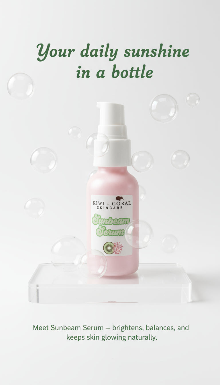 Kiwi and Coral Sunbeam Serum pink glass bottle with white pump displayed on a clear platform with floating clear bubbles against a white background. Text reads “Your daily sunshine in a bottle.” Highlights: brightening, balancing serum formulated with Bakuchiol and Vitamin C ferment to smooth, hydrate, and keep teen skin glowing naturally.